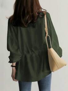 Plus Size Women V-Neck Drawstring Waist Casual Blouse, Loose Fit Long Sleeve Tie Front Shirt For Commute/Daily Wear - Army Green - View 2
