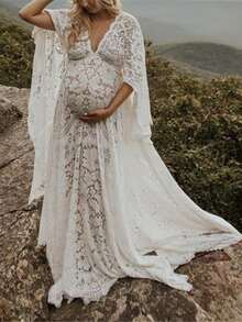 Stylish And Comfortable Pregnant Mother Pregnant Woman Fluffy Big Swing Lace Dress Long Dress - trắng - Xem 1