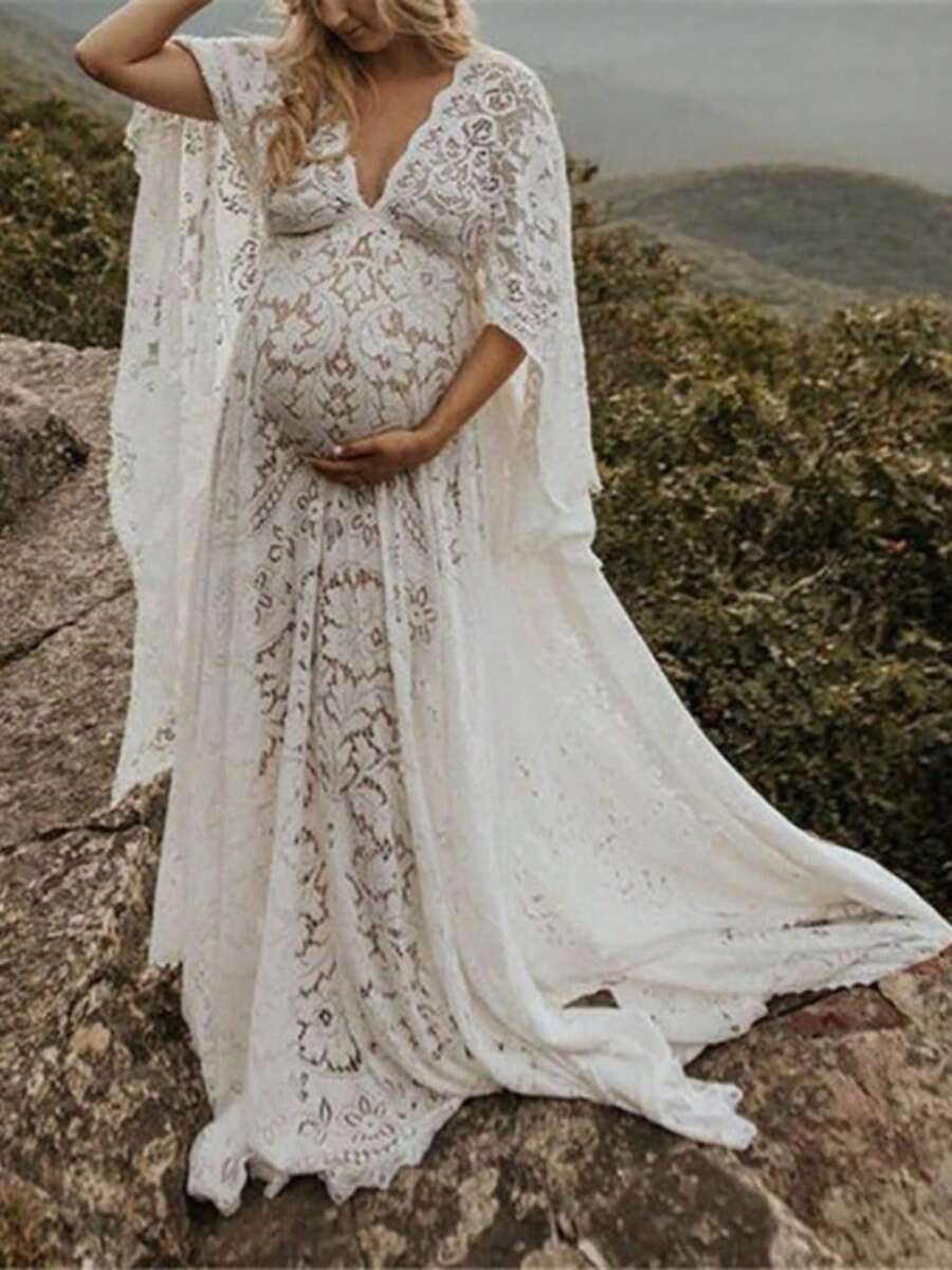 Stylish And Comfortable Pregnant Mother Pregnant Woman Fluffy Big Swing Lace Dress Long Dress - trắng - Xem 1