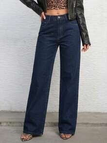 Quần jeans denim trơn màu, kiểu dáng thanh lịch, có cúc, khóa kéo và túi, dành cho nữ, thích hợp cho tiệc tùng, kỳ nghỉ, ở nhà và mặc hàng ngày. - Rửa tối - Xem 5