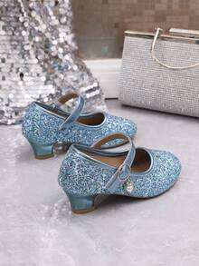 1 Đôi Giày Cao Gót Lấp Lánh Thời Trang Cho Bé Gái, Giày Biểu Diễn Khiêu Vũ Mũi Tròn Đế Bằng, Giày Công Chúa, Hàng Mới Về - Màu xanh lam - Xem 9