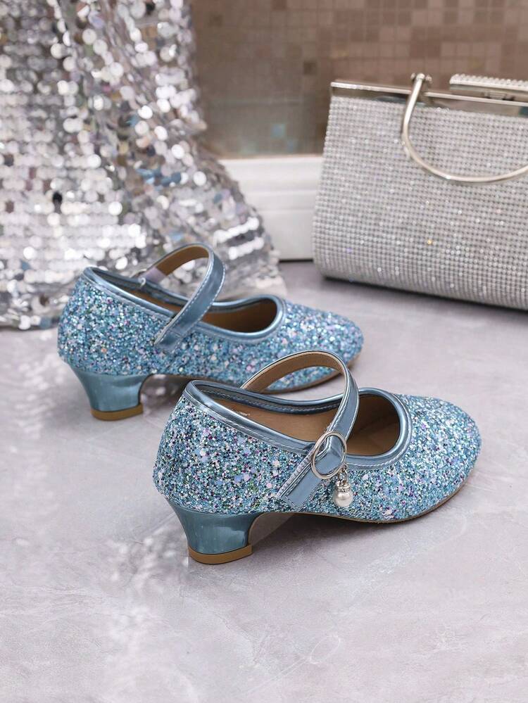 1 Đôi Giày Cao Gót Lấp Lánh Thời Trang Cho Bé Gái, Giày Biểu Diễn Khiêu Vũ Mũi Tròn Đế Bằng, Giày Công Chúa, Hàng Mới Về - Màu xanh lam - Xem 9