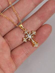 Dây chuyền mặt thánh giá đính đá phong cách Gothic cổ điển, không phai màu, thanh lịch và đa năng, phù hợp cho cả nam và nữ, kiểu dáng hip-hop. - Vàng - Xem 3