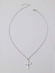 复古哥特风水钻仿珍珠十字架项链，百搭嘻哈男女通用吊坠项链 - 銀色 - 查看 3