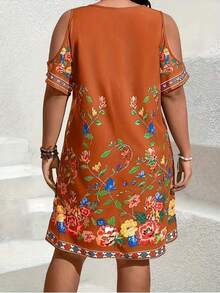 2026 New Plus Size V-Neck Floral Print Open Shoulder Short Sleeve Dress Elegant Vacation - Orange - View 2