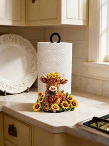 Porta-papel-toalha artesanal em formato de vaca das Terras Altas com girassol - Decoração rústica em metal feita à mão, organizador de bancada de cozinha com vaca floral charmosa, estilo fazenda/oeste para cozinha e banheiro, ideia de presente exclusiva para inauguração de casa e Dia das Mães. - Multicolorido - Ver 1