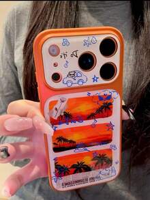 橙色日落棕榈树图案手机壳，适用于 17 Pro Max、16、15 Pro，防摔保护壳，创意情侣设计，高端质感 - 橘色 - 查看 1