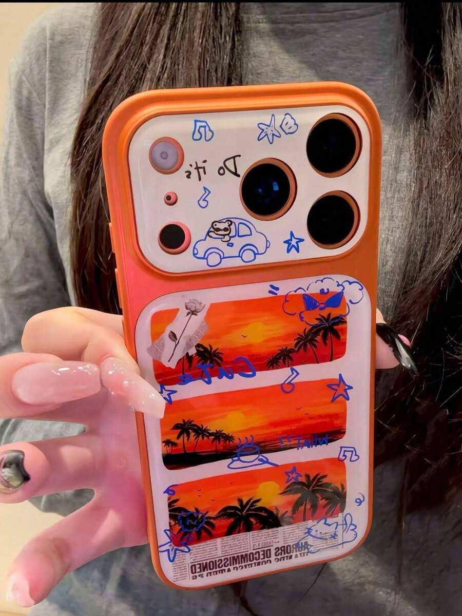 橙色日落棕榈树图案手机壳，适用于 17 Pro Max、16、15 Pro，防摔保护壳，创意情侣设计，高端质感 - 橘色 - 查看 1