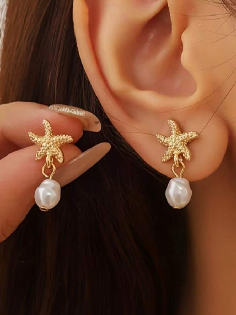 1 Pair Minimalist Starfish Earrings For Women, Suitable For Daily Wear And Beach Vacation - Multicolor - View 1