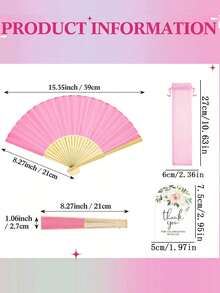 30件/15件粉色手持装饰扇套装，包含5把/10把折扇、5张感谢卡和5个欧根纱袋，优雅复古中式竹制手扇，配有感谢卡和欧根纱袋，适用于婚礼、新娘送礼会、生日、纪念品、户外装饰、DIY派对和节日表演。 - 查看 7