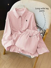 PARARAL Plus Size Women's Fashion Resort Striped Embroidered Long Sleeve Shirt & Wide Leg Pants 2-Piece Set, Casual Vacation Outfit For Women, Spring Elegant Pink - Pink - View 2