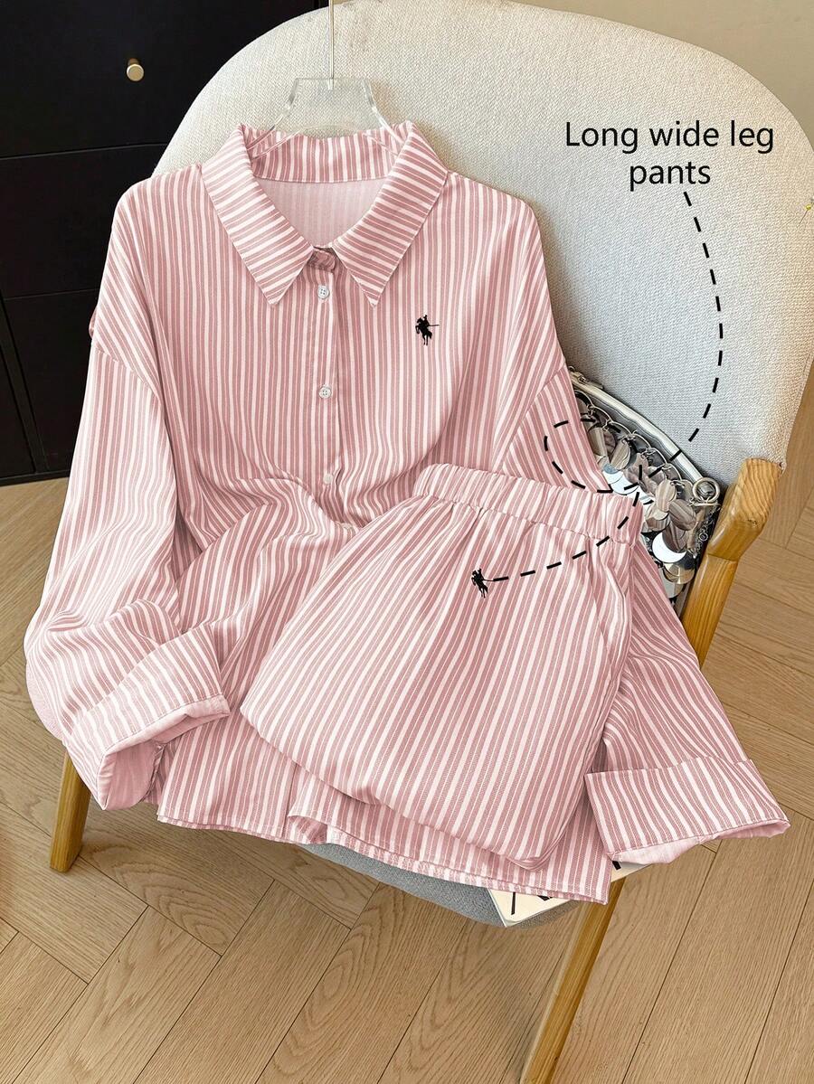 PARARAL Plus Size Women's Fashion Resort Striped Embroidered Long Sleeve Shirt & Wide Leg Pants 2-Piece Set, Casual Vacation Outfit For Women, Spring Elegant Pink