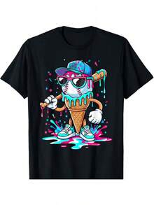 100% Cotton Casual Short-Sleeve Crew Neck T-Shirt, Children's T-Shirt, Casual T-ShirtA Children's Black T-shirt with a Baseball Ice Cream Print, Featuring a Round Neck and Casual Short Sleeves. Made from Knitted Fabric with a Regular Fit, Suitable for Both Boys and Girls. The Ice Cream Baseball Graphic Makes It Ideal for Spring ,Crew neck short-sleeved T-shirt, printed design, casual children's clothing Made of pure cotton, this comfortable and breathable gift is perfect for everyday casual wear and is machine washable. - Negro - Ver 6