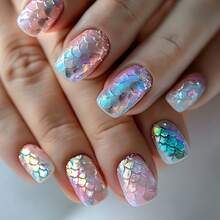 3D Fish Scale Holographic Square Nail Stickers, 24pcs Summer Vacation Manicure, Versatile False Nails - Pink - View 5