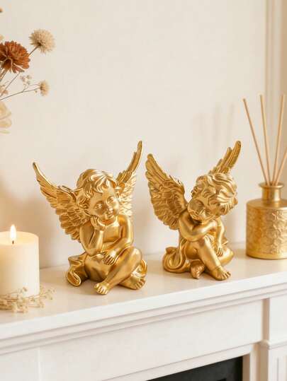 Antique Gold Resin Angel Cherub Statue, Delicate Winged Angel Figurine With Expression, Perfect Aesthetic Home Decor For Bedroom Nightstand, Reading Nook, Or Coffee Table, Timeless Angel Sculpture To Create A Peaceful And Dreamy Atmosphere, Versatile Decor Piece That Complements Farmhouse, Cottagecore, And Vintage Home Decor Styles