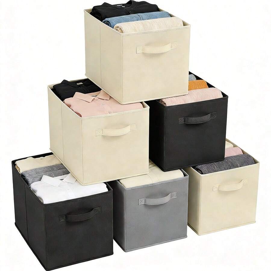 1/6 piezas Cajas de almacenamiento de tela plegables y organizadores de cajones de tela, adecuados para armarios y almacenamiento de juguetes - Gris - Ver 1