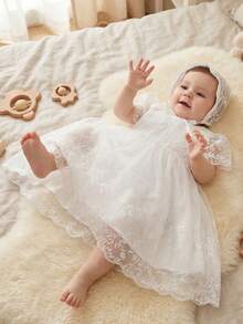 Baby Girl 0-2 Years White Dress, Round Neck Short Sleeve Embroidered Lace Trim Cute Flower Girl Princess Dress For Wedding, Birthday Party, Suitable For Banquet, Wedding Season, Outing, Evening Party, All Seasons - trắng - Xem 5