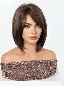 10 Inch Brown With Gray Highlights Short Layered Bobo Wig, Heat Resistant Synthetic Wig, Natural For Daily, Party, Office Wear - Brown - View 5