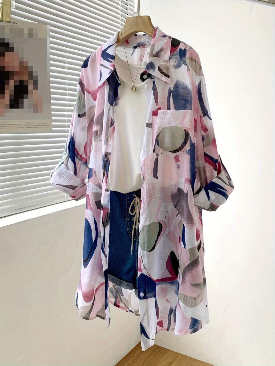 女士休闲长袖树叶印花衬衫,前襟纽扣开合,带口袋,袖子可卷起,翻领,适合秋、冬、春季穿着,粉色度假风 - 粉色 - 查看 1