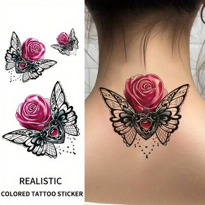 女士临时纹身贴纸，性感花卉图案，防水持久，矩形胸贴、腰贴、手臂花卉蝴蝶图案，节日配饰 | 鲜艳花卉纹身设计 | 浅米色转印贴纸，送给她的理想礼物