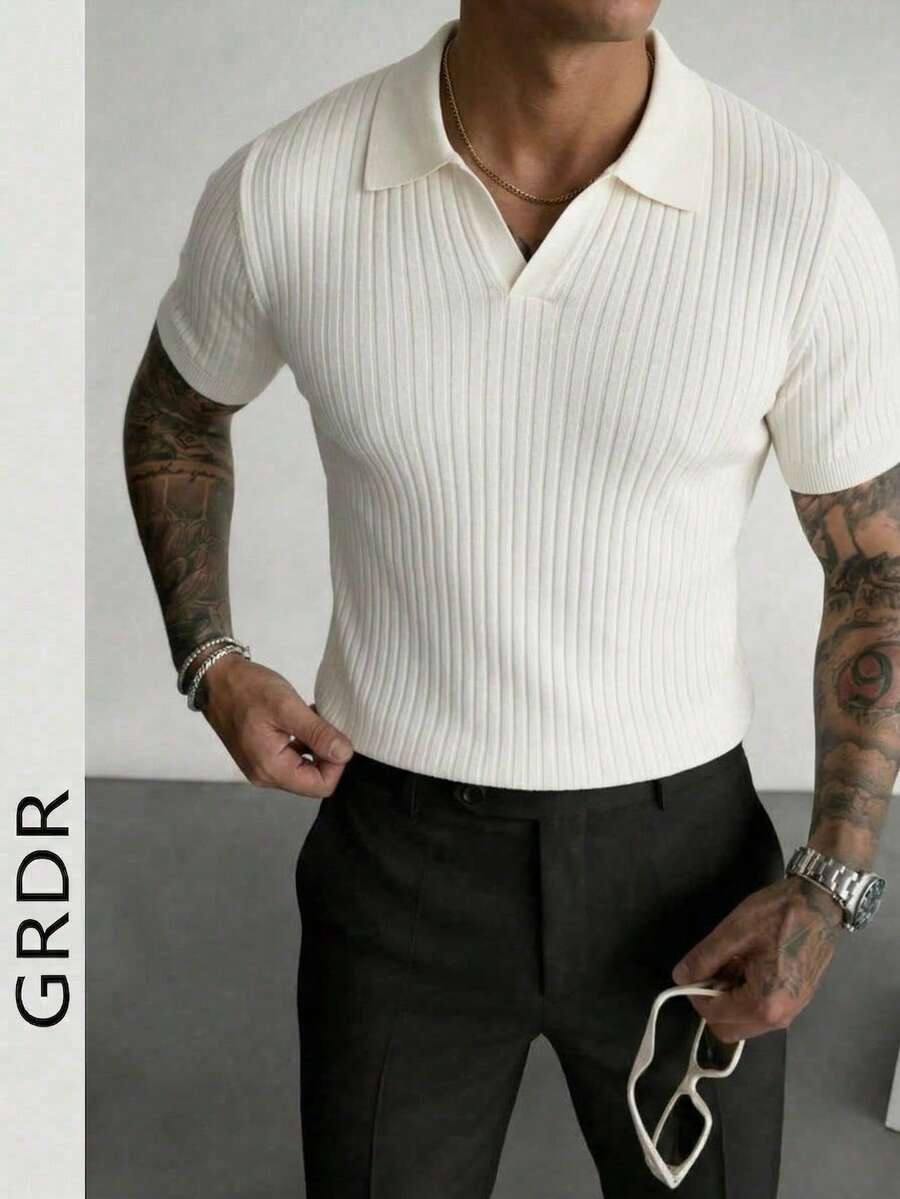 GRDR 男士夏季纯色 Polo 领短袖针织衫，适合夏季外出穿着，时尚造型必备单品