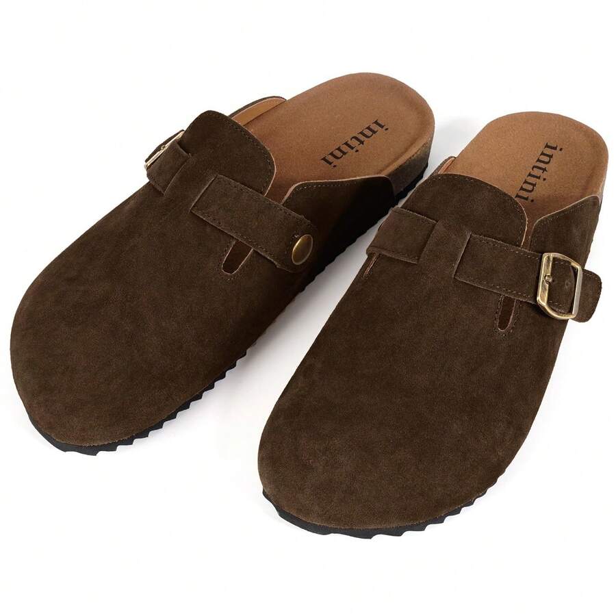 Womens Suede Clogs Mens Genuine Leather Mules Cork Footbed Sandals With Arch Support - 咖啡棕 - 查看 1