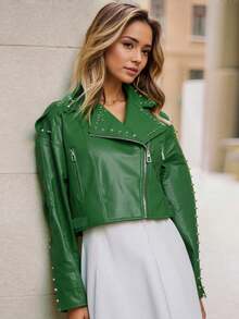 Chaqueta corta de mujer de piel sintética (PU), estilo callejero elegante, con cremallera y bolsillos de metal, ajuste ceñido, cortavientos versátil para el otoño, ropa de otoño para mujer - Verde - Ver 3