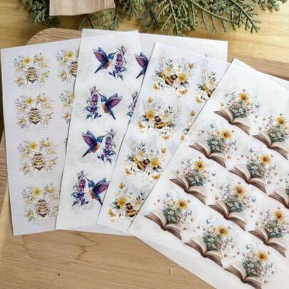 春季蜜蜂与蜂鸟纹理转印纸，多种春季主题纹理转印纸，一次性转印纸，适用于DIY耳环和珠宝制作，独特的手工工艺品