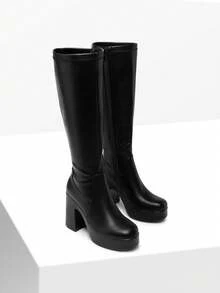 Women's Platform Chunky Heel Knee-High Boots Square Toe  Side Zipper Fashion Solid Color Y2K  Party Long Boots Shoes - 黑色 - 查看 6