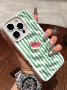 1 chiếc ốp lưng tương thích với iPhone 17/16 Pro Max/15 Plus/14 Pro, phong cách mùa hè tươi mát, chất liệu TPU nhăn, kiểu dưa hấu, họa tiết sọc xanh trắng và lát dưa hấu, chống sốc toàn diện, các đường cắt chính xác. - trắng - Xem 3