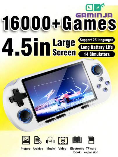 GAMINJA ANS16 Handheld Video Game Console, Includes Portable Carrying Case, RGB Backlit Buttons, Linux OS, 4.5" IPS Screen, 64GB Storage, 12,000+ Built-In Games, Supports Multiple Emulators, Multiplayer Capability