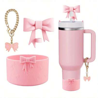 1 Set Silicone 3D Bowknot Cup Sleeve, Fits 10mm Straw Bowknot Straw Cap, With Bowknot Pendant Accessory, Sports Water Bottle Accessories Set, Cartoon Cute, Anti-Slip Anti-Collision