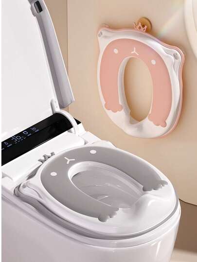 1个灰色卡通熊皇冠马桶座圈，吸盘固定，男女通用，如厕训练马桶圈