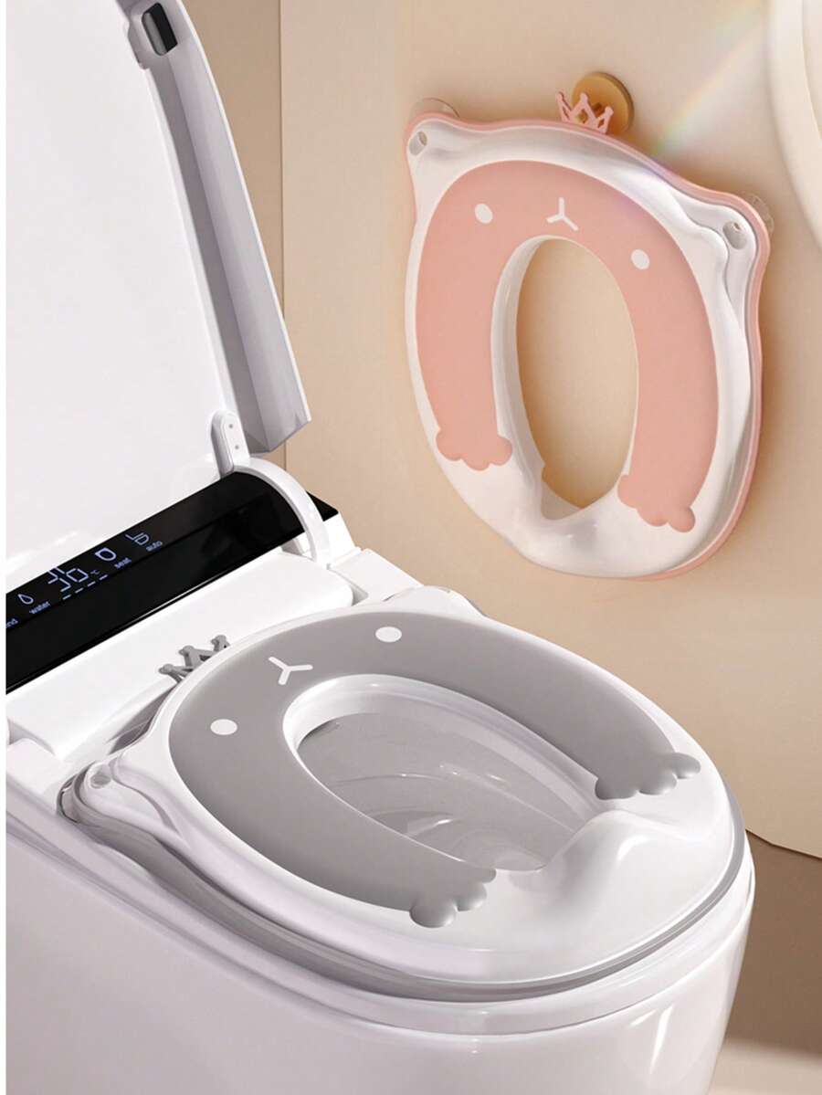 1个灰色卡通熊皇冠马桶座圈，吸盘固定，男女通用，如厕训练马桶圈