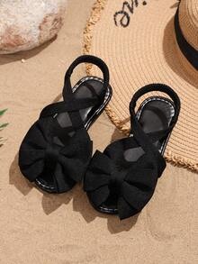 1 Pair Girls' Flat Sandals, Solid Soft Fabric With Bow Decor, Round Toe Slip-On Soft Non-Slip Elastic Design, Fashionable Bohemian Cute Princess Style Beach Sandals, Suitable For Daily Casual, Campus, Holiday Wear, Spring/Summer New Arrival - Black - View 1