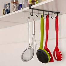 1pc Seamless No-Drill Wardrobe Storage Rack, Multi-Function Hanging Organizer Shelf With 6 Hooks - Multicolor - View 11