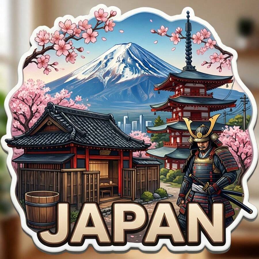 Chiến binh gặp gỡ núi non: Nam châm tủ lạnh hình bóng Nhật Bản với các biểu tượng truyền thống, samurai, tháp và hoa anh đào - Sự kết hợp giữa vẻ mạnh mẽ và thanh lịch từ xứ sở mặt trời mọc. - I - Xem 1
