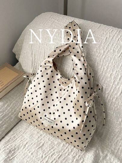 1pc Polka Dot Print Satin Shoulder Bag, Vintage Bow Decor, Casual Large Capacity Tote Bag For Daily Use