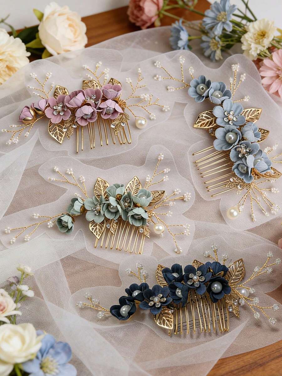 1pc Light Pink Flower & Pearl Handmade Hair Comb Accessory For Women - White - View 1