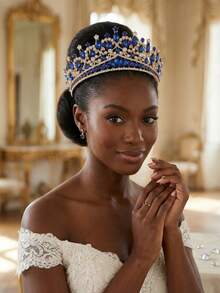 1pcLuxury Royal Deep Blue Rhinestone Crown Tiara, Baroque Gold Headpiece For Bride, Wedding, Pageant, Birthday Party. Exquisite 3-Inch Height Crystal Hair Accessory. - 彩色 - 查看 3