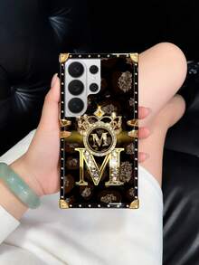 1pc Gold Letter With Crown Flat Pattern Rectangle Shockproof Phone Case, Comes With Matching Rhinestone Ring Holder Stand, Compatible With Samsung Galaxy S26 Ultra/S26/S26 Plus/S25FE/S25Ultra/S25+/S25/S24 Plus/S24/S24U/S23 Ultra/S22ULTRA/A56 5G/A36/A17/A16 And 17proamx/17/16 Promax/16/15PRO Max/15/14 Plus/15plus/14 Pro Max/13promax Models. [International Version, Not Domestic] - Black and Gold + Ring Holder - View 1