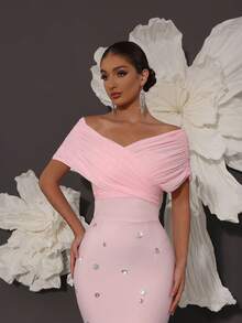 手工串珠露肩紧身绷带连衣裙，性感修身，适合家庭聚会、派对、宴会、鸡尾酒会、婚礼等场合。 - 淺粉色 - 查看 3