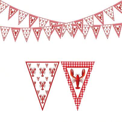 1件红色格子小龙虾派对旗帜，三角形横幅，小龙虾生日花环丝带，虾，海鲜大餐，乔迁派对，烧烤派对，生日派对装饰
