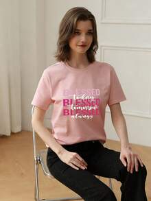 Camiseta de manga corta con cuello redondo y estampado de letras "Always", elegante y casual para el verano, versátil para el uso diario y el transporte - Rosa - Ver 2