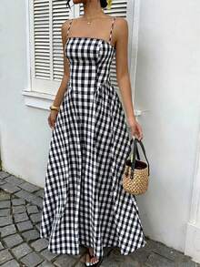 PoPoHouse Women's Cotton Gingham Print Midi Dress Sexy Backless Spaghetti Strap Square Neck Dress For Daily Casual Date Commute Summer Beach Vacation Going Out Outfit Black & White Gingham Dress - Black - View 3