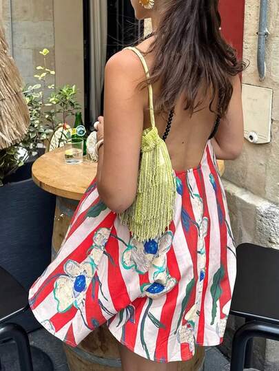 PoPoHouse Women's Elegant Red Stripe Floral Print Short Dress Sexy Backless Beaded Strap Loose Flowy Dress For Daily Casual Date Summer Beach Vacation Going Out Outfit