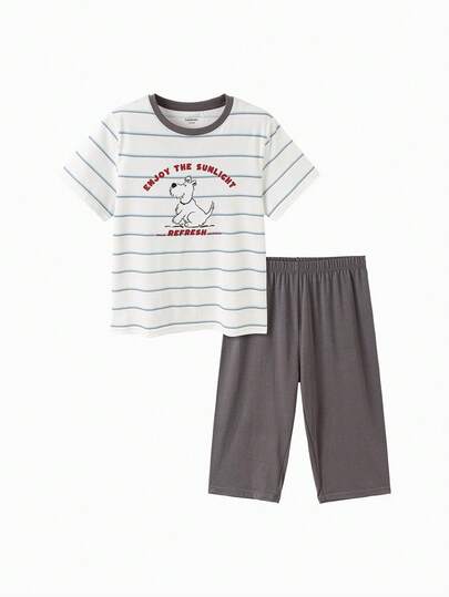 Balabala Bộ đồ ngủ ngắn tay và quần short kẻ sọc cho bé trai tuổi teen, chất liệu nhẹ, thoáng khí, nhanh khô, thích hợp cho mùa xuân/hè.