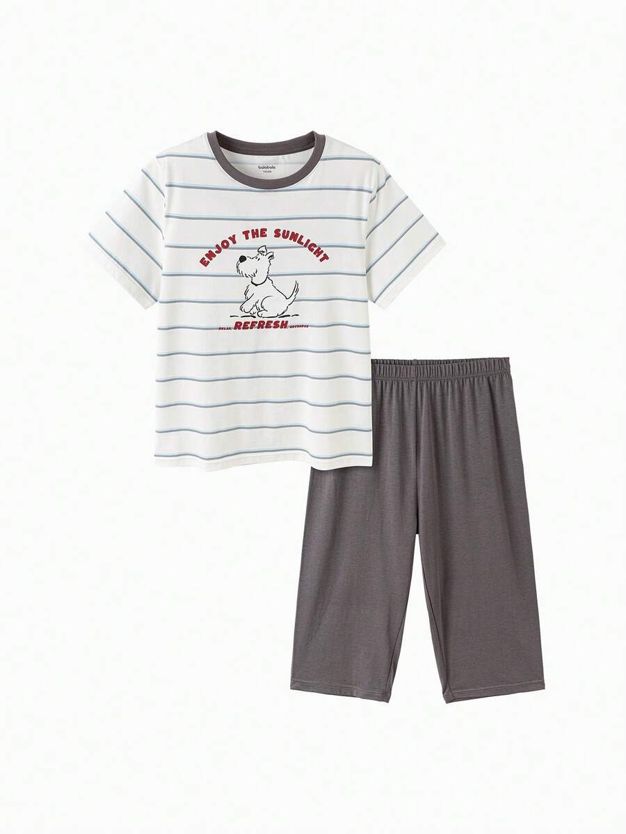Balabala Bộ đồ ngủ ngắn tay và quần short kẻ sọc cho bé trai tuổi teen, chất liệu nhẹ, thoáng khí, nhanh khô, thích hợp cho mùa xuân/hè. - tông màu xám - Xem 1