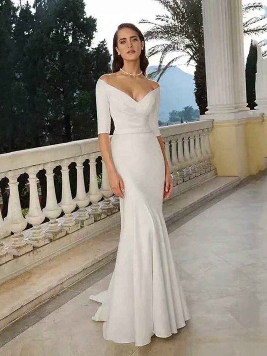 Elegant Off Shoulder Backless Satin Mermaid Wedding Dress With V Neck, Registry Office Dresses Bridal Gown, Evening Party Dress Birthday Party Dress Country Wedding,Romantic Church Ceremony Wedding Dress,Suitable For Wedding, Dating, Party, Singles' Party, Vacation, Formal Occasions, Dinner Dress, Prom Dress, Homecoming Dress, Cocktail Party, Wedding Guest Dress, Graduation - 白色 - 查看 1