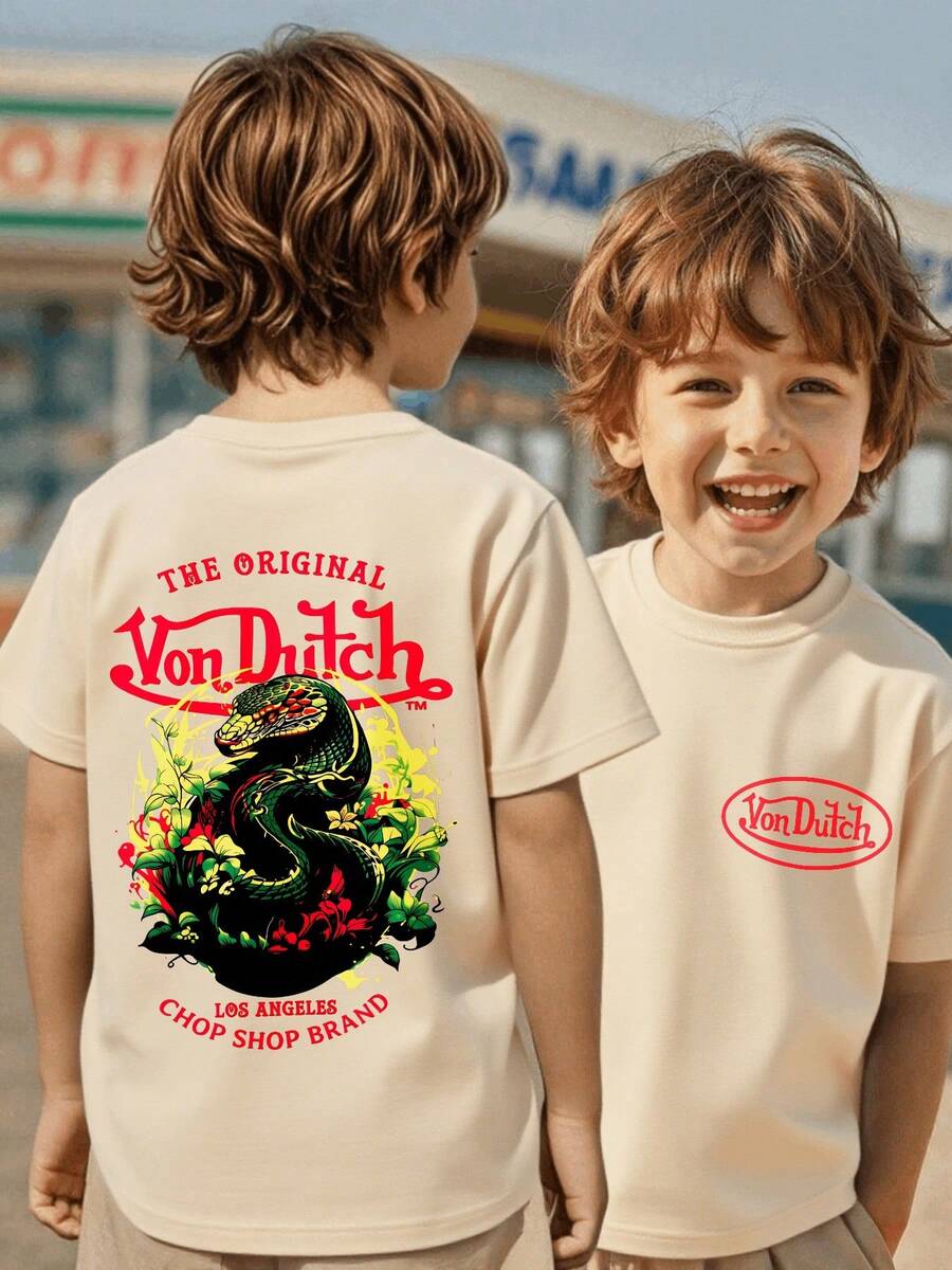 1pcs Tween Boy's Double Side Print Graphic Apricot Tee The Original Von Dutchh Dragon And Flowers Design Fabric Soft & Skin-Friendly Unisex Style Gifts For Spring Festival, Valentine's Day, St. Patrick's Day & World Cup-Van Dutch Dragon Print Tween Boy T Shirt Classic Americana Style - 杏色 - 查看 1